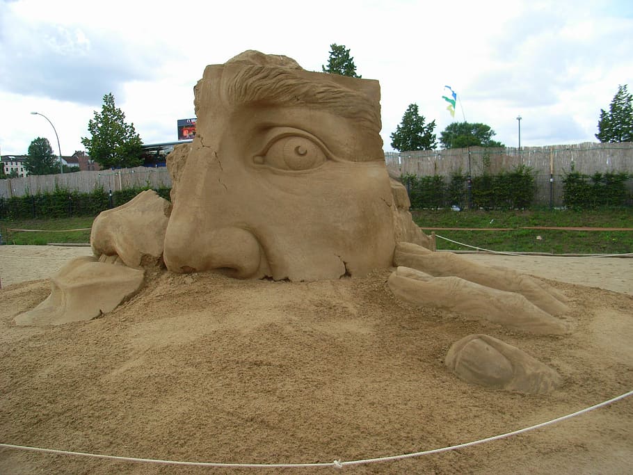 Escultura em areia, rosto, escultura, areia, berlim, obra de arte, schreck, aversão, ansiedade, humano