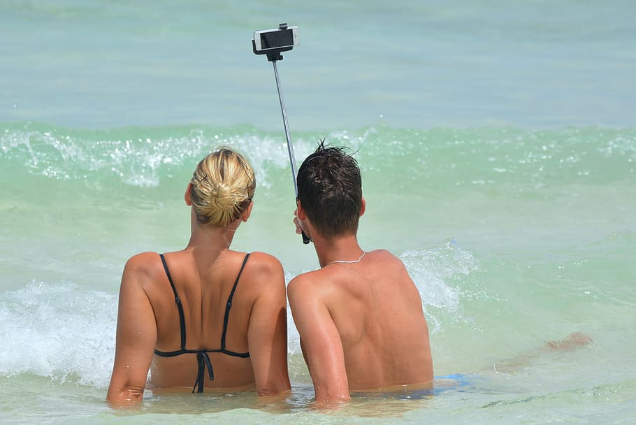man, woman, taking, daytime, selfie, people, selfiestick, ocean, sea, water