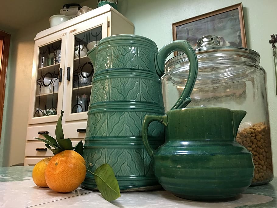 Vintage, Mccoy, Orange, Pottery, Kitchen, satsuma, green, dishware, table, pitcher
