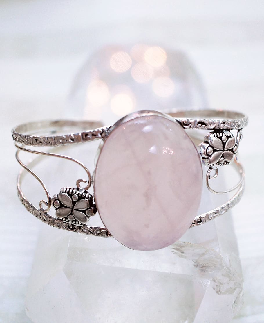 silver-colored ring, jewelry, rose quartz, pink, cuff, stone, bracelet, gem, gemstone, natural