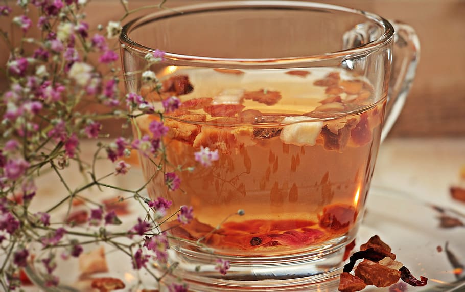 clear, glass teacup, filled, orange, liquid, closeup, tee, teacup, cup, drink
