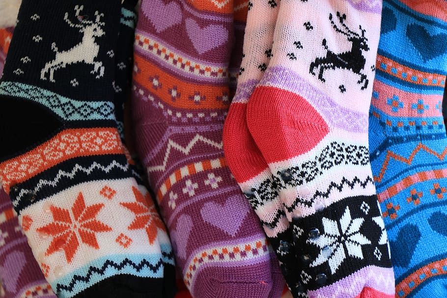 roupas, meias, lã, quente, inverno, moda, colorido, peles, alegre, pés quentes
