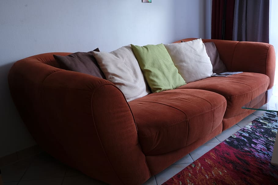 orange, fabric, two-seat, sofa, seat, couch, rest, cozy, furniture, pillow