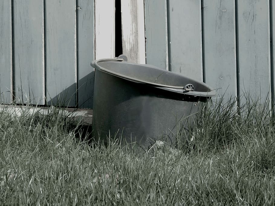 Bucket, Goal, Grass, Black And White, worn, worn bucket, used bucket, old bucket, old, abandoned