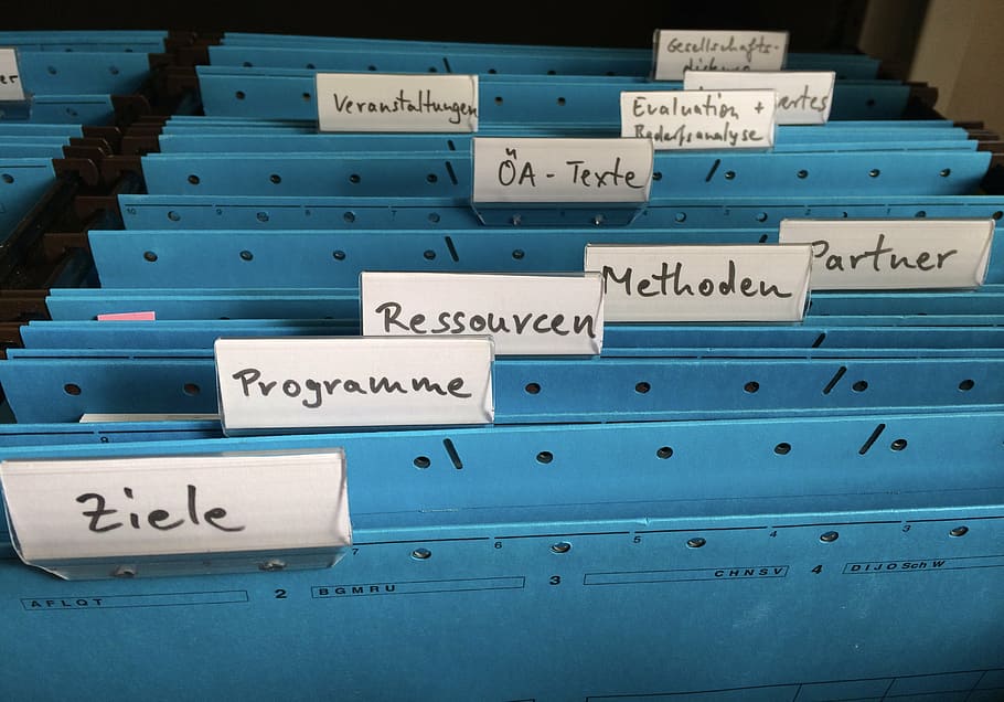 синий, металлические папки для папок, организация, реестр, папка, файлы, офис, классифицировать, файл, архив