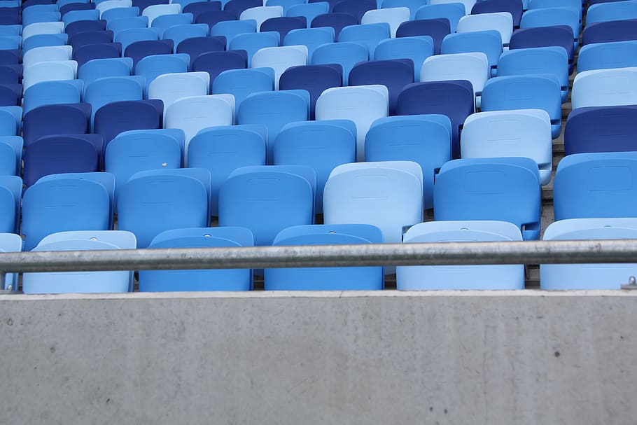kursi, kursi berlengan, biru, stadion, desain, kenyamanan, berturut-turut, berdampingan, pengulangan, kosong