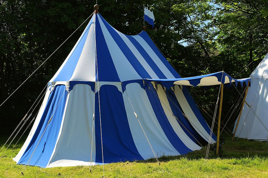 tent, ritterzelt, blue white, striped, easily, wind vane, meadow, place to sleep, elegant, plant