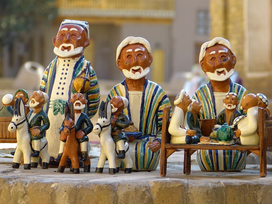 estatuetas de cerâmica marrom e branco, figura de barro, uzbequistão, cerâmica, lembrança, mitbringsel, decoração, memória, culturas, representação