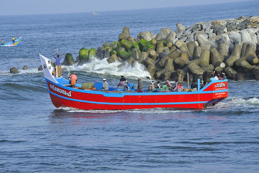 fishing boat, perumathura beach, colourful, trivandrum, tetrapod, ramachandran madhavankutty fb, sea, nautical Vessel, water, mode of transportation
