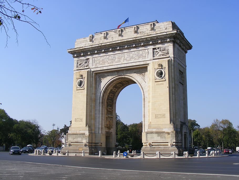 arch de triomphe, arch, bucharest, history, triumph, triumphal, architecture, monument, sky, transportation
