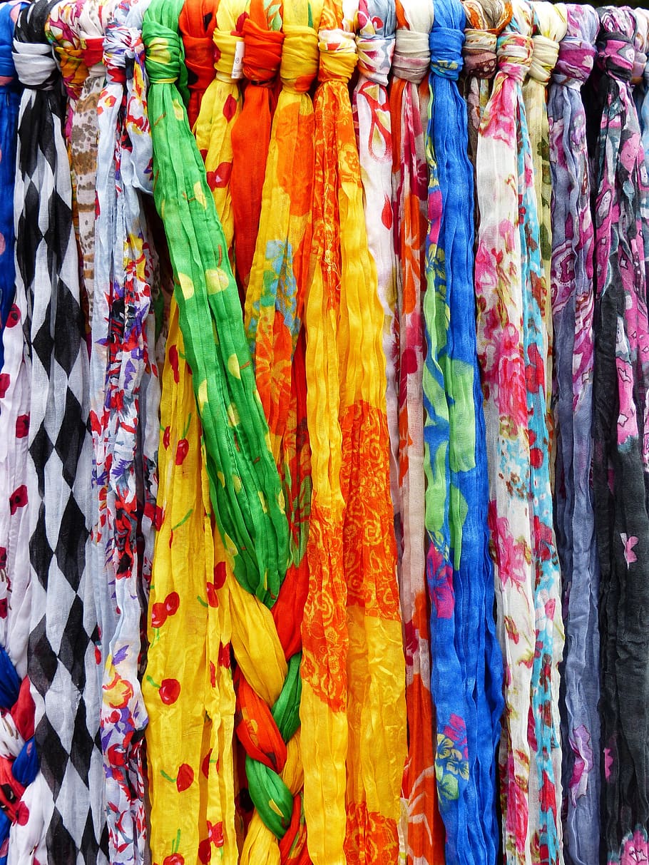 Scarves, Towels, Colorful, Clothing, garments, multi colored, variation, choice, retail, hanging