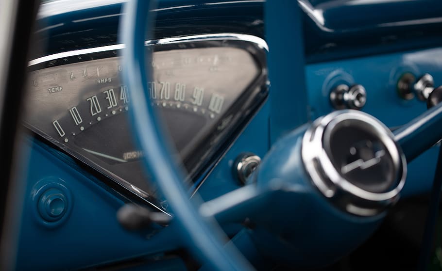 vintage, car, interior, dashboard, gauges, emblem, classic, antique, old, automotive