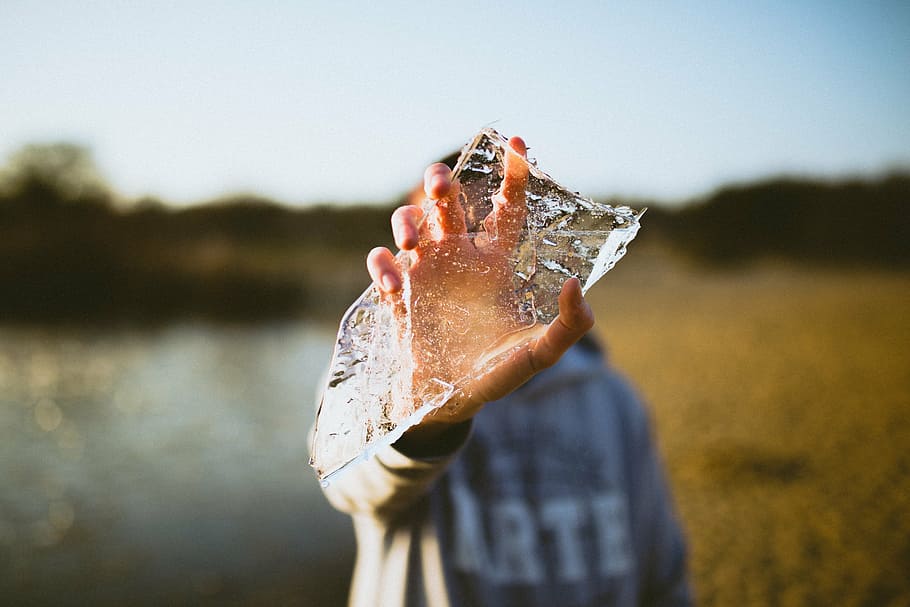 person, holding, broken, glass, people, man, hand, ice, nature, grass