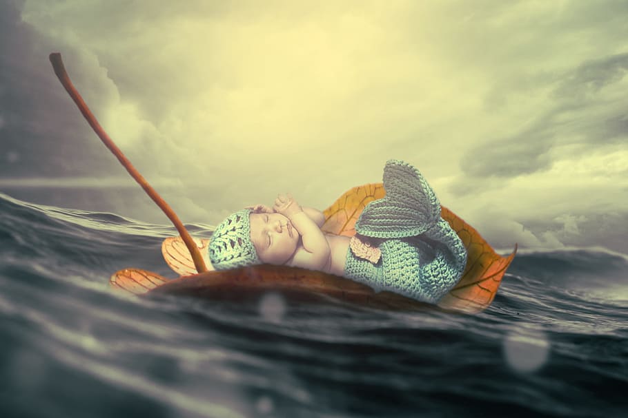 baby, laying, leaf, body, water painting, child, water, wave, sea, mermaid