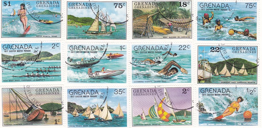 postage stamps, sea, water sports, water, nature, sport, finance, transportation, nautical vessel, group of animals