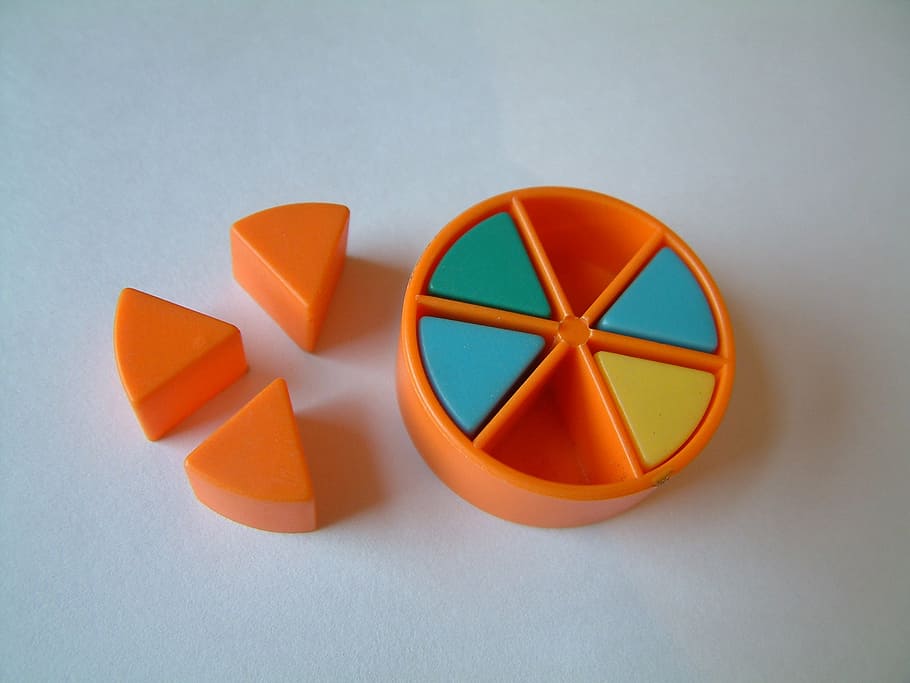 orange plastic toys, triangle, forms, shapes, parts, graph, puzzle, pie diagram, studio shot, orange color