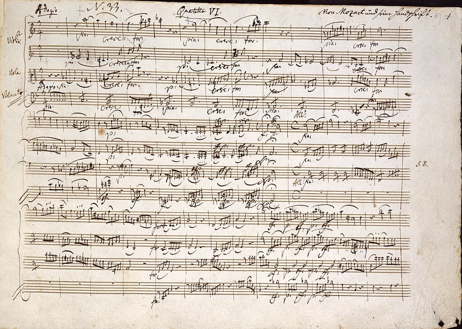 papel de nota musical, mozart, quarteto em c, notas, manuscrita, música, clássica, concerto, velho, documento