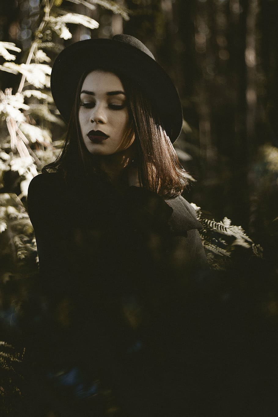 grayscale photo, woman, standing, tree, people, fashion, dark, black, nature, woods