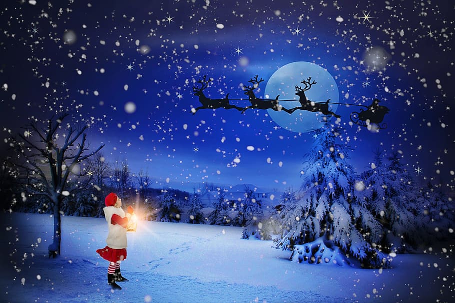 크리스마스 디지털 벽지, 크리스마스 이브, 산타 오버 문, 휴일, 산타, 클로스, 이브, 행복, 크리스마스, 달