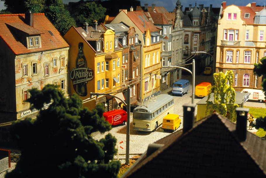 model train, model railway, trolley bus, trackless trolley, model, toys, diorama, hobby, building exterior, architecture