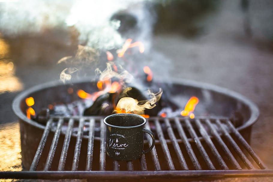 cup, mug, grill, steel, fire, flame, charcoal, smoke, camping, outdoor