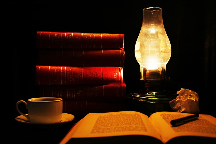 reading, read, books, coffee, study, vintage, lamp, gas lamp, literature, book