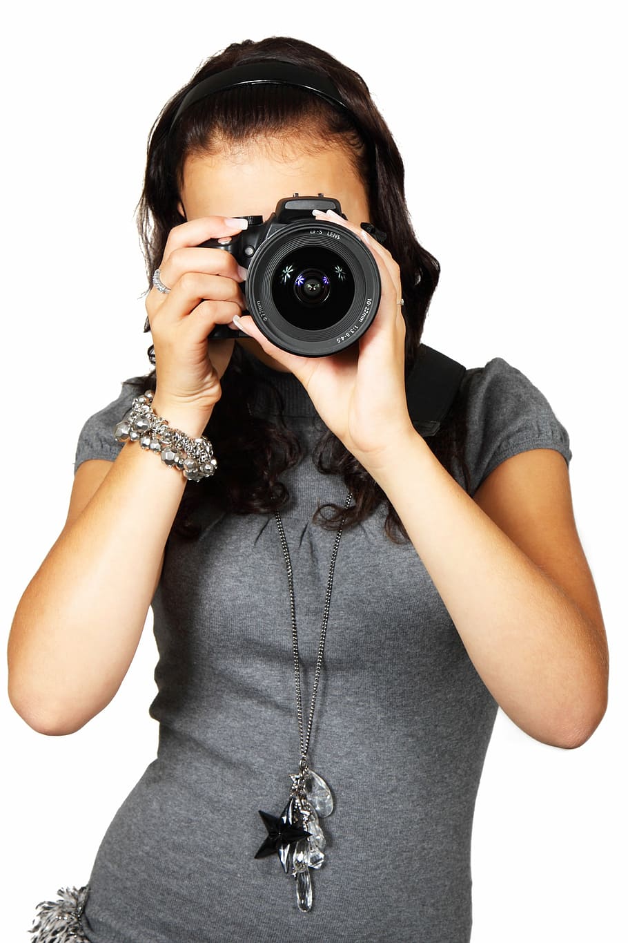 woman, holding, dslr, taking, camera, digital, equipment, female, girl, isolated