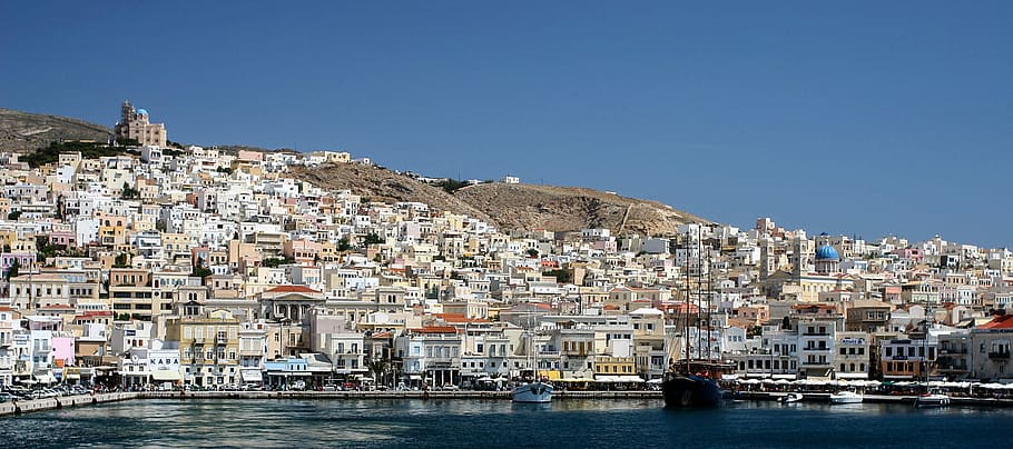 Hermoupolis, Pulau, Syros, Cyclades, Yunani, kota, lanskap kota, foto, Mediterania, domain publik