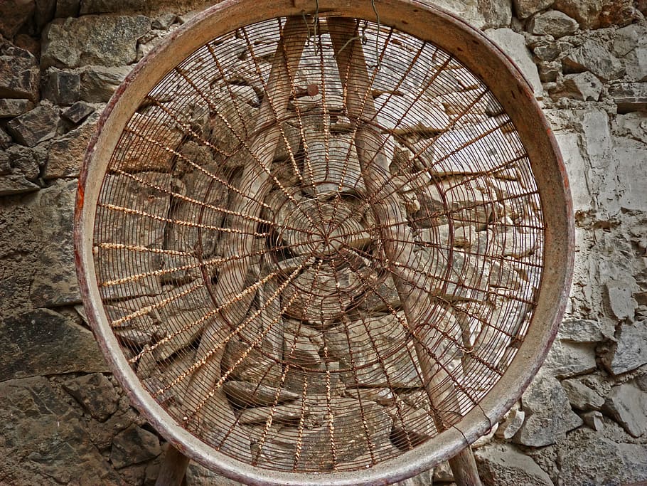 sieve, old, wood, iron, implement, rural, circle, geometric shape, shape, built structure