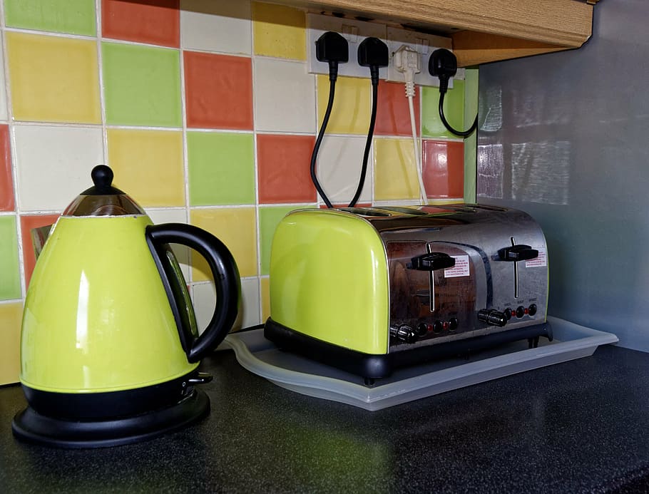 green, gray, bread toaster, water heater, kitchen, toaster, kettle, home, cooking, food