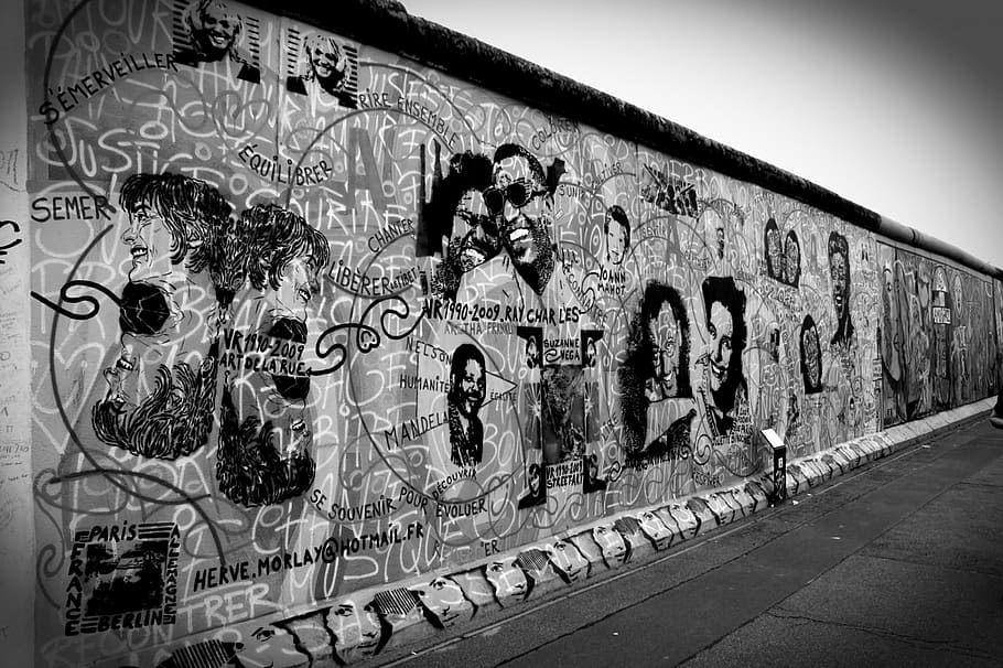 berlín, pared, arte, alemania, graffiti, comunismo, guerra, blanco negro, blanco y negro, personas