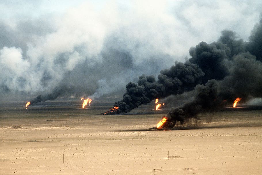 oil, well, fires rage, outside, 1991, Oil well fires, rage, Kuwait City, Gulf War, fires