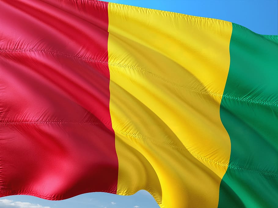 internacional, bandera, guinea, africa occidental, amarillo, rojo, multicolor, textil, color vibrante, fondos