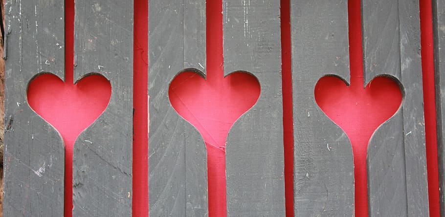 Corações, cerca, ripas, madeira, corações em cima do muro, ripas de madeira, vermelho, placas, forma do coração, forma