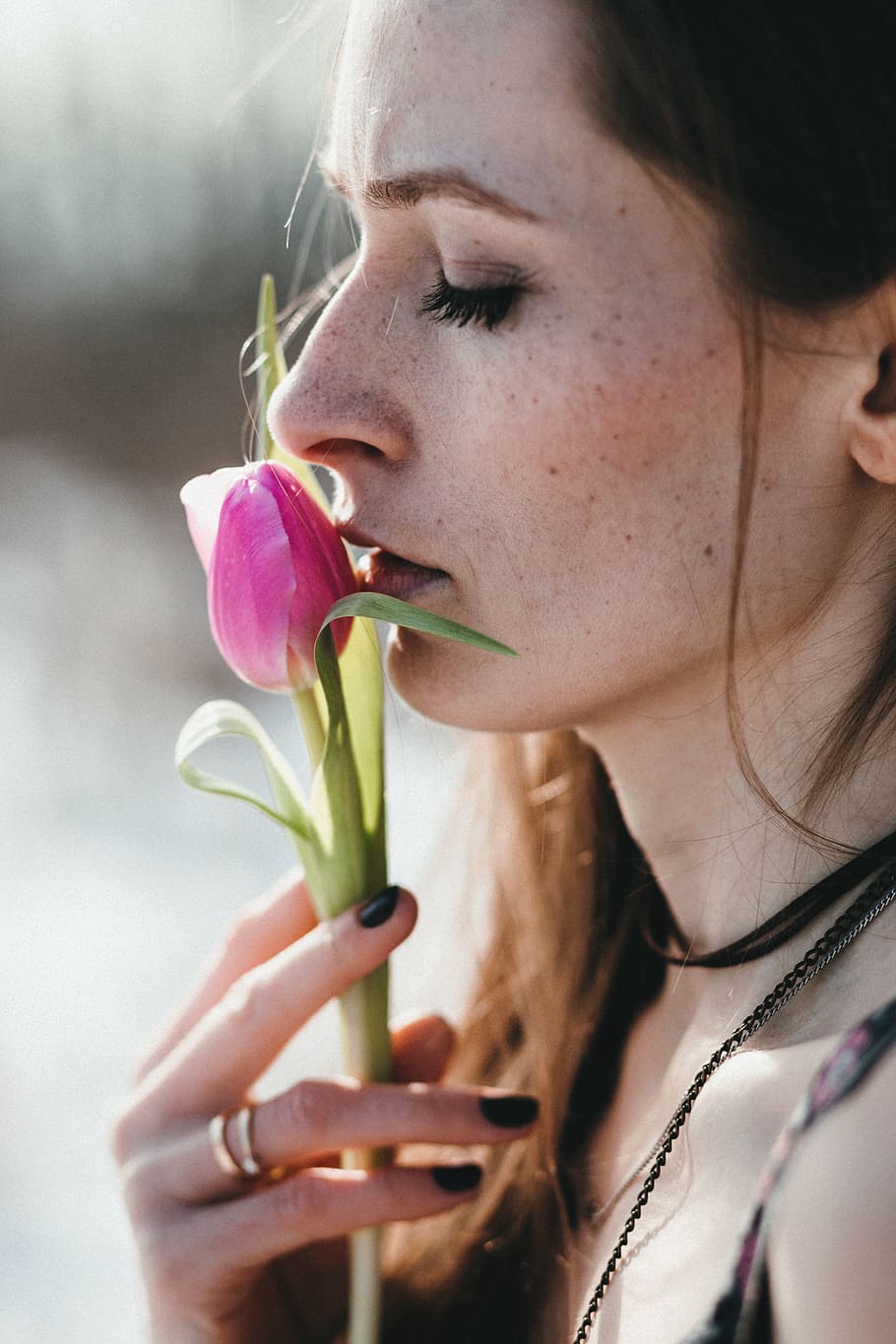 woman, smelling, pink, tulip bud, girl, model, fashion, flower, hand, rings