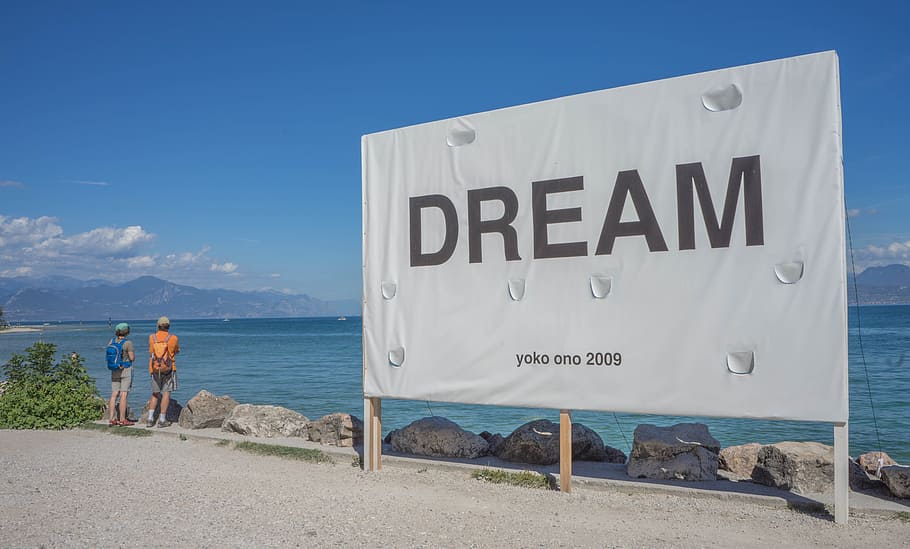 dream signboard, body, water, lake garda, sirmione, sign, dream, yoko ono, beach, travel