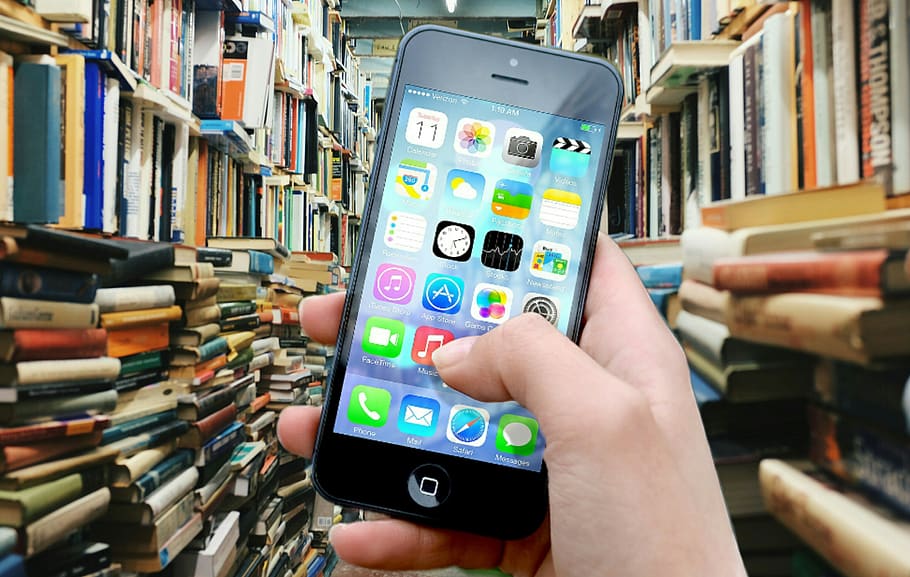 buku-buku, Perpustakaan, Iphone, Smartphone, aplikasi, perusahaan Apple, telepon genggam, pendidikan, literatur, tumpukan