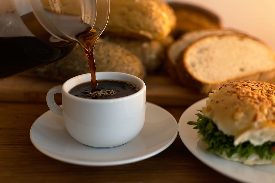 white, ceramic, teacup, saucer, bread, cup of coffee, table top, coffee, coffee break, breakfast