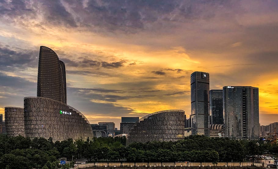 sunset, city, chengdu, financial center, cloud, rain, twilight, architecture, built structure, building exterior