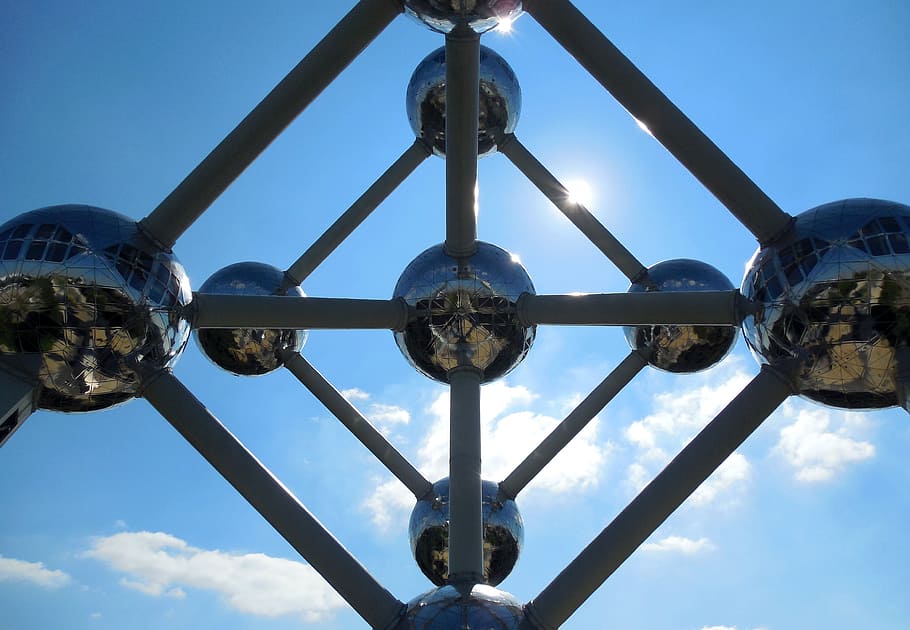 Brussels, Atomium, From The Bottom, sky, blue, outdoors, day, metal industry, metal, low angle view
