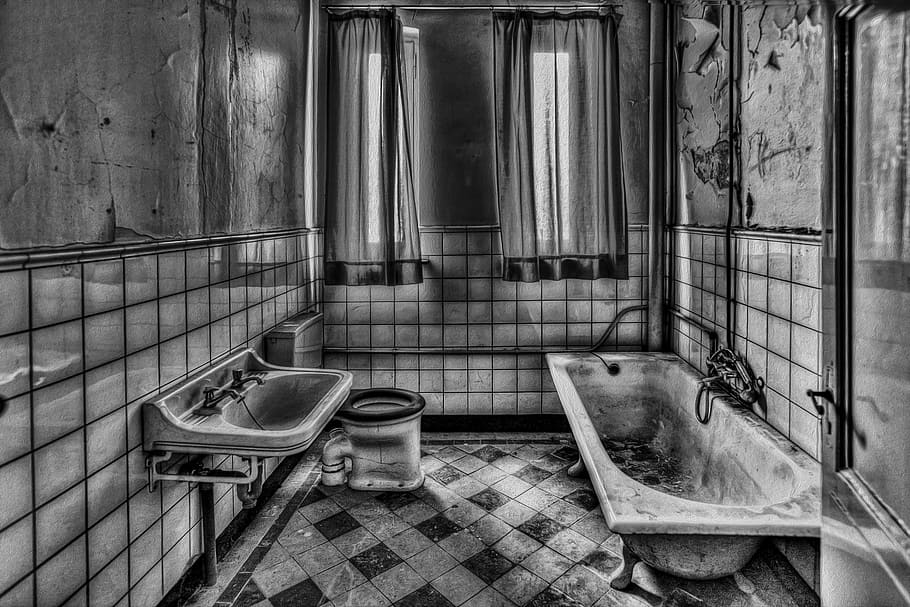 freestanding bathtub, sink, sketch, Room, Interior, Bath, Indoor, bathroom, black and white, old