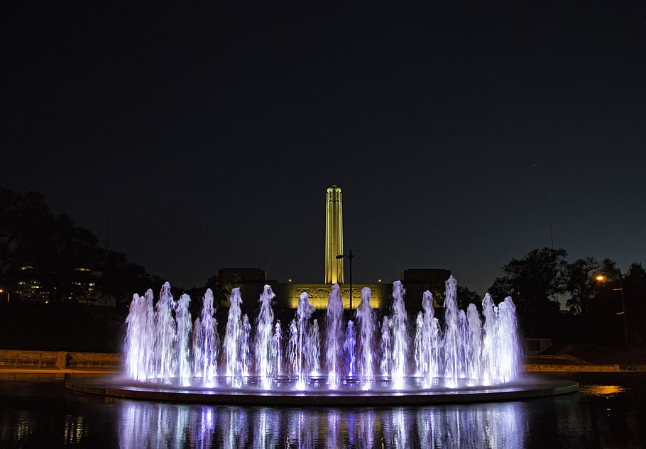 kansas city, fountains, city fountains, liberty memorial, monuments, city at night, fountain, reflection, water reflection, water