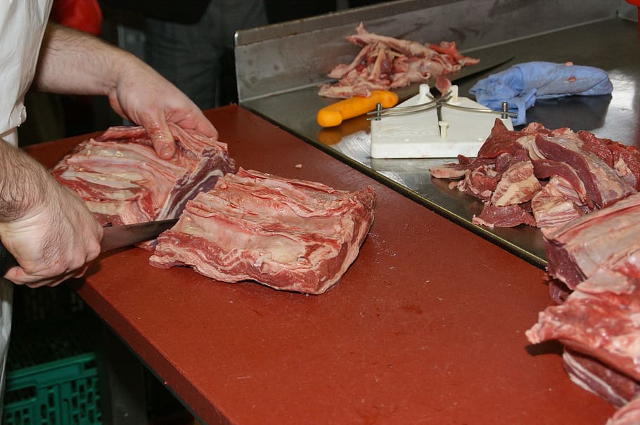 meat, butcher's, knife, human hand, raw food, food and drink, hand, food, freshness, human body part