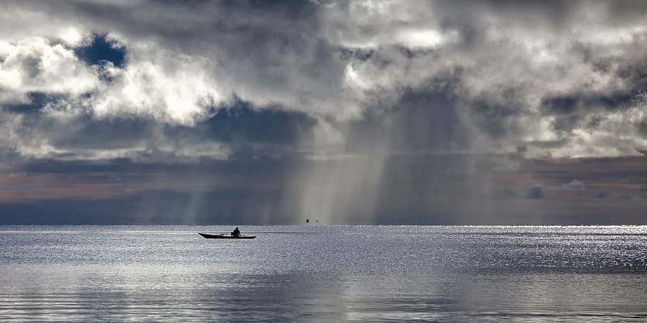 silhouette, body, daytime, sea, boat, cloud, tranquility, anxiety, halma hera sea, indonesia