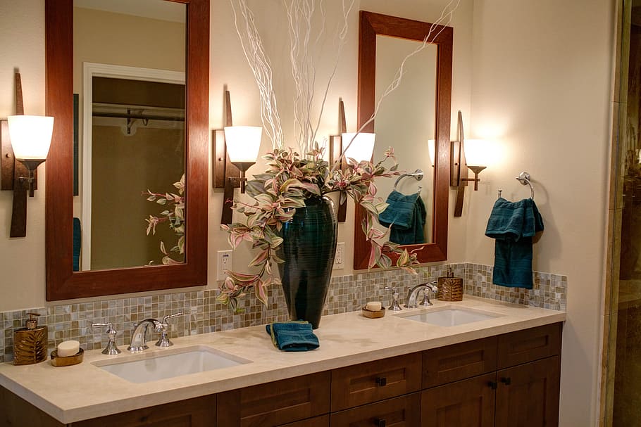 blanco, marrón, madera, aparador, doble lavabo, hogar, baño moderno, interior, diseño, decoración