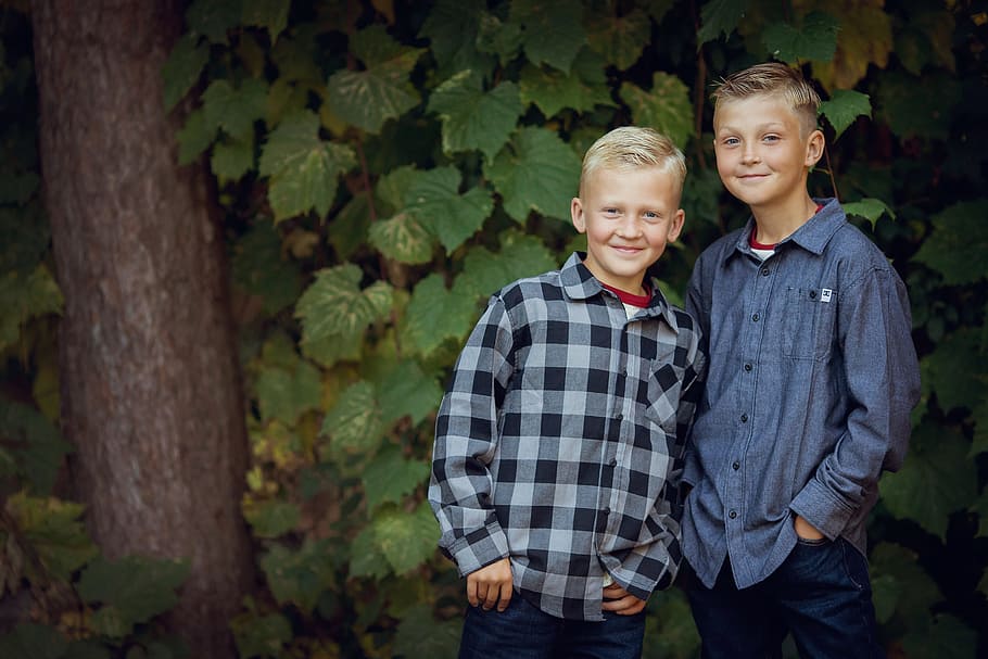 two, boys, standing, green, trees, Brothers, Kids, Boy, Children, Ivy