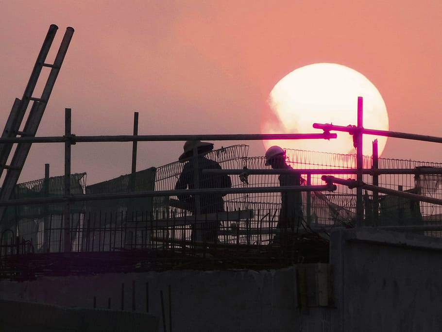 person, wearing, hard, hat, behind, sunset, construction, crane, building construction, helmet
