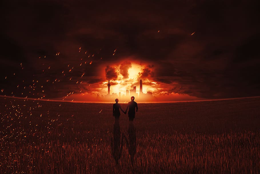 couple, walks, behind, exploded, building illustration, fire, brand, explosion, skyline, pair