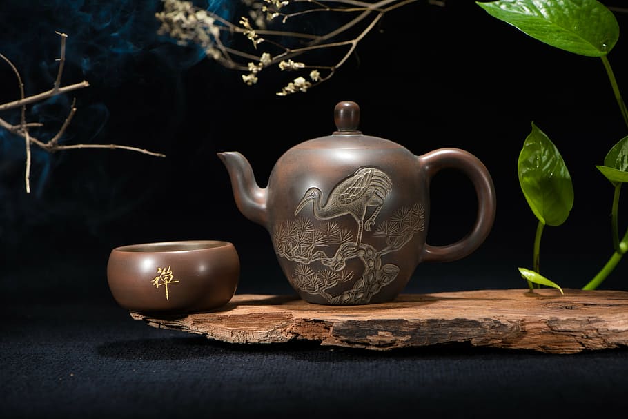 coklat, keramik, teko, mangkuk, set teh, fotografi still life, upacara minum teh, porselen, di dalam ruangan, meja