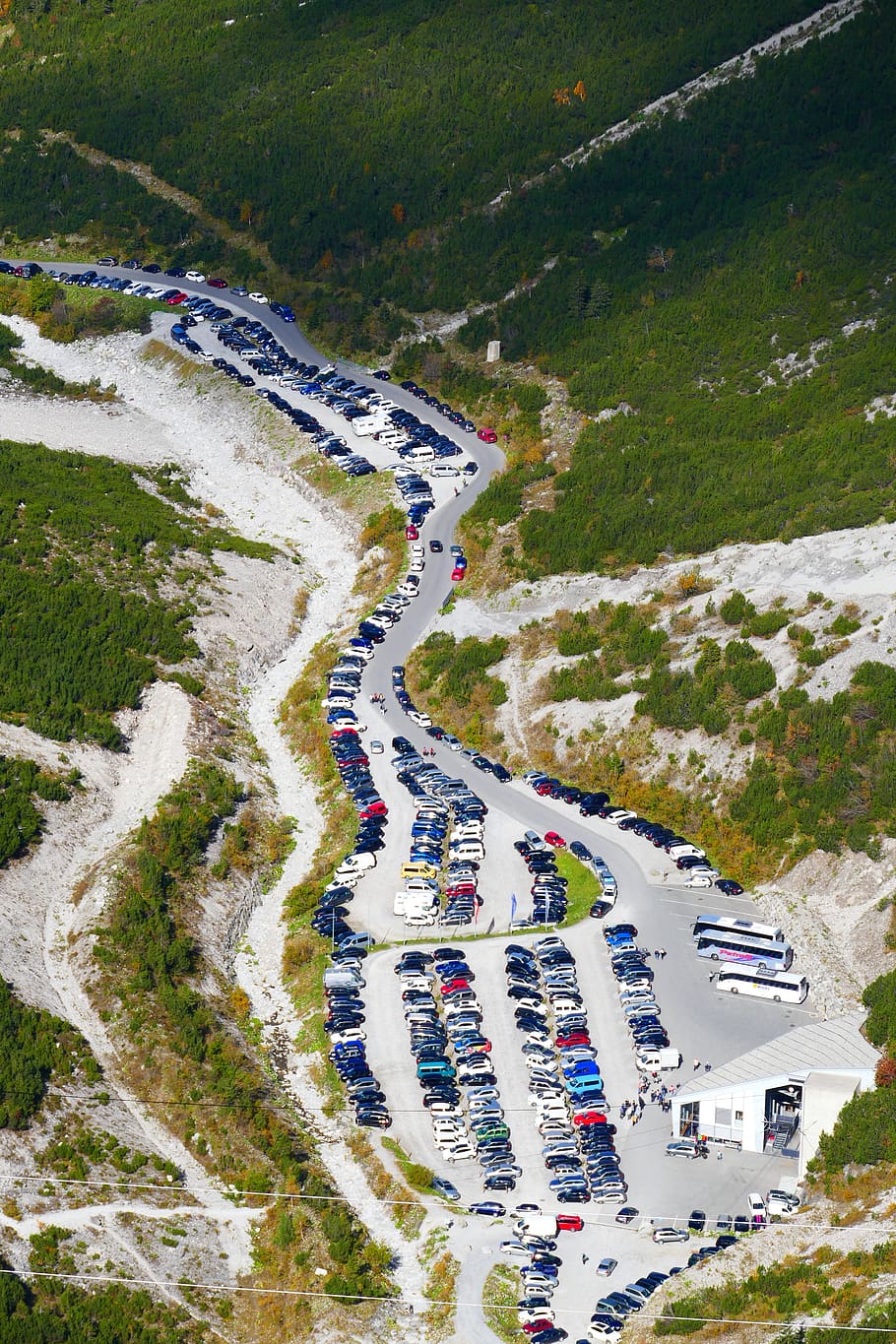 park, parking, crowded, full, alternate space, vehicles, pkw, alpine, high angle view, architecture